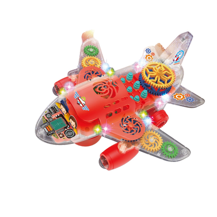 Transparent Gear Plane – Colorful Flashing Music Airplane Toy with Bump & Go Action, 3D Lights