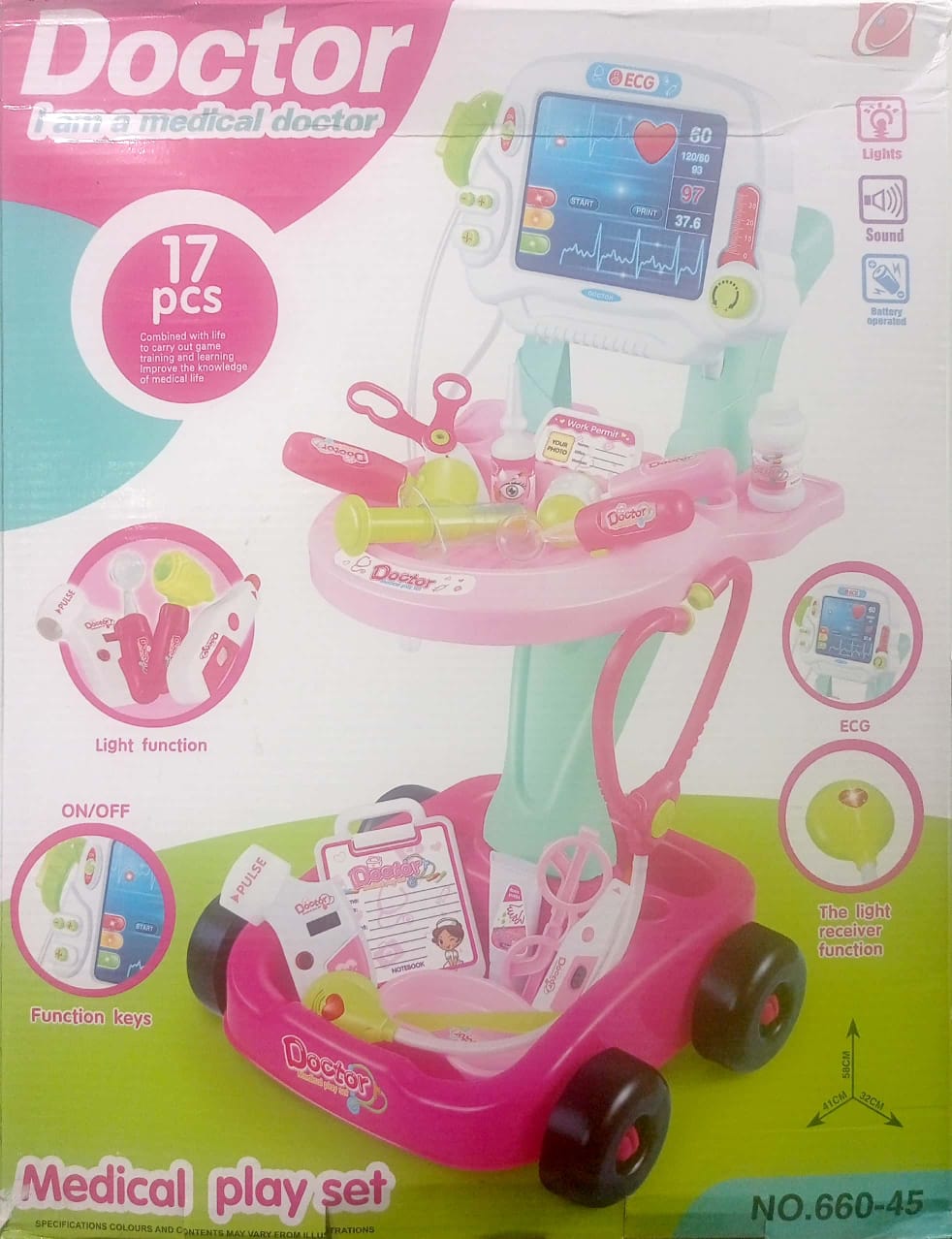 Medical Kit Toy Cart with Stethoscope and Toy Accessories