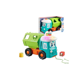 Shape sorting garbage truck toy with pull string - side view