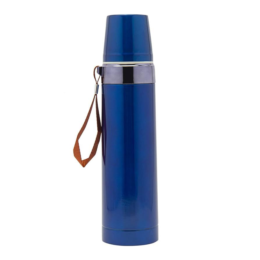 Blue stainless steel vacuum flask closed - side view