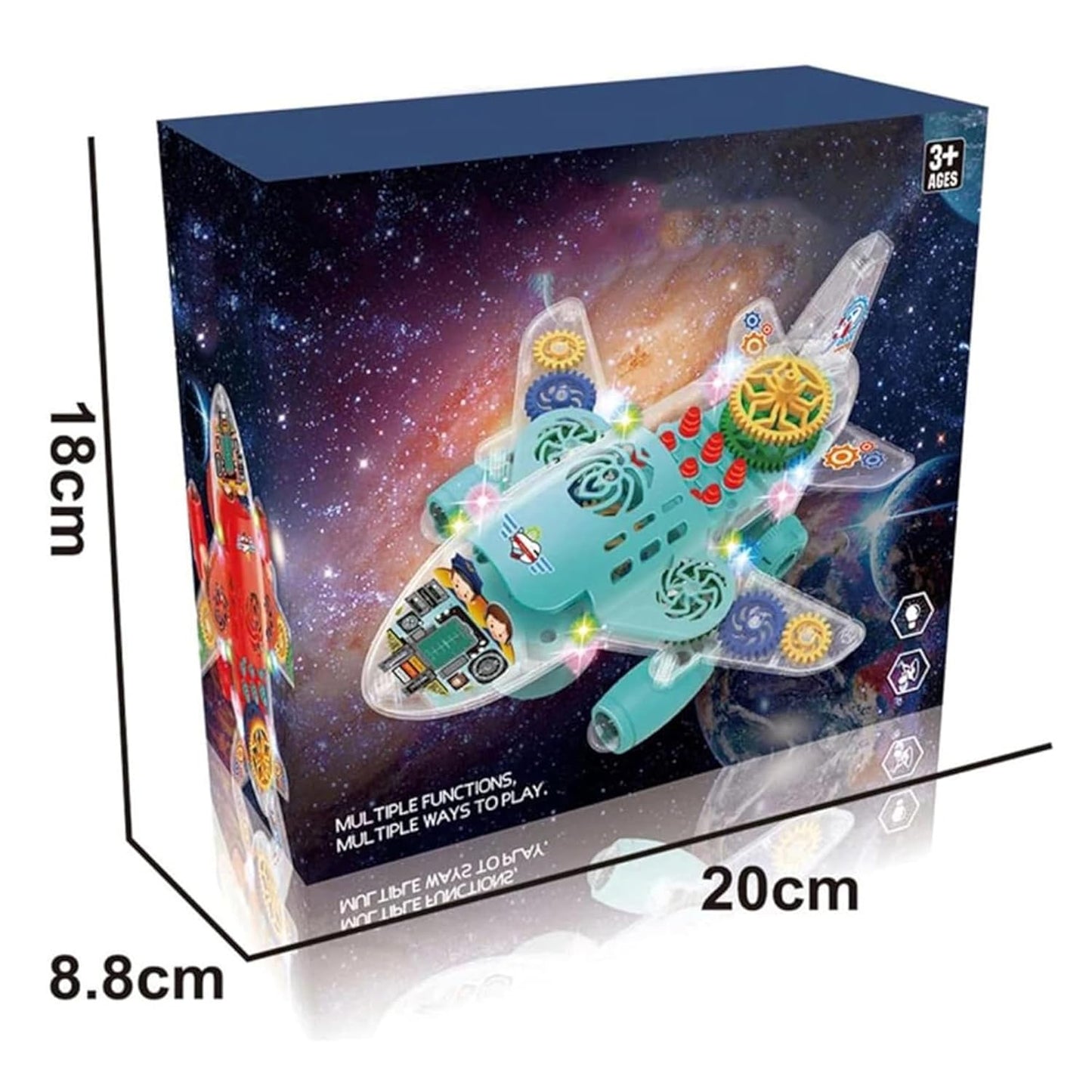 Transparent Gear Plane – Colorful Flashing Music Airplane Toy with Bump & Go Action, 3D Lights