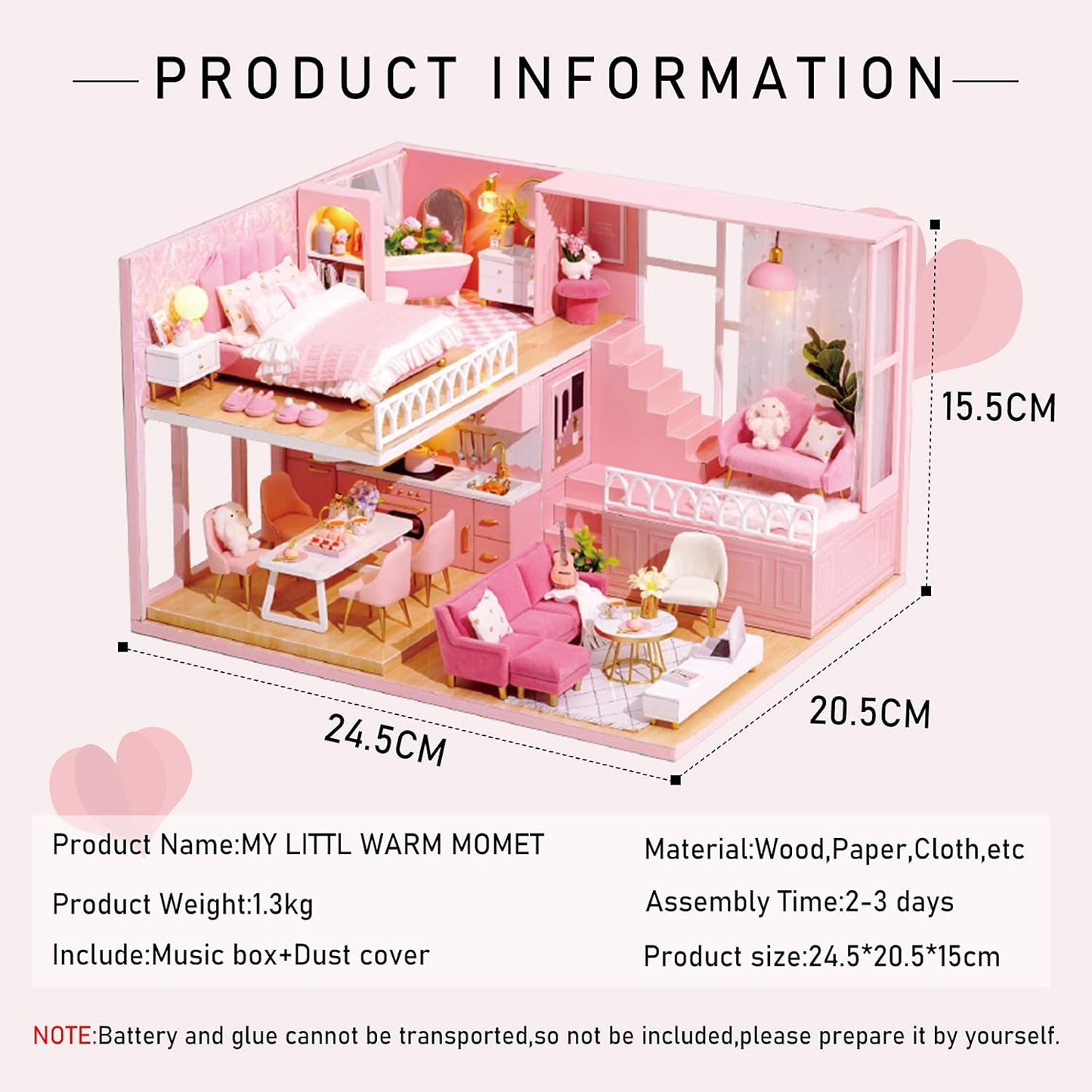 DIY Wooden Dollhouse Kit with Music Movement and LED Lights