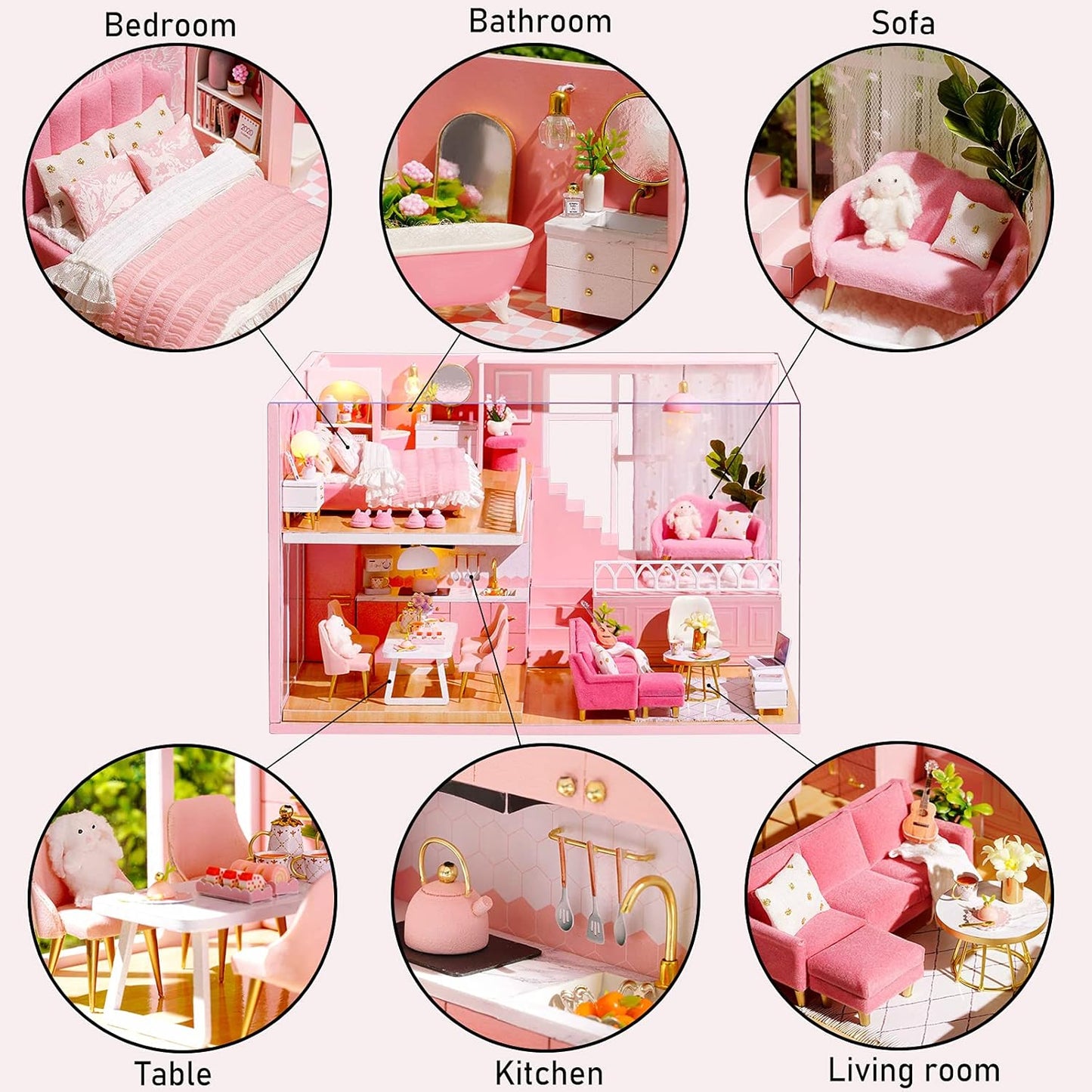 DIY Wooden Dollhouse Kit with Music Movement and LED Lights