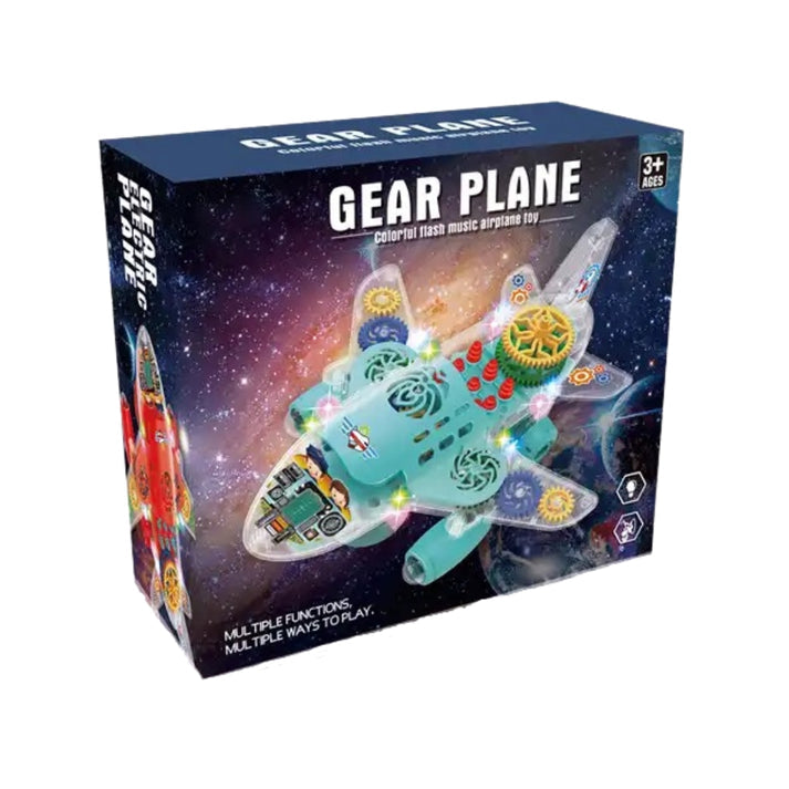 Transparent Gear Plane – Colorful Flashing Music Airplane Toy with Bump & Go Action, 3D Lights