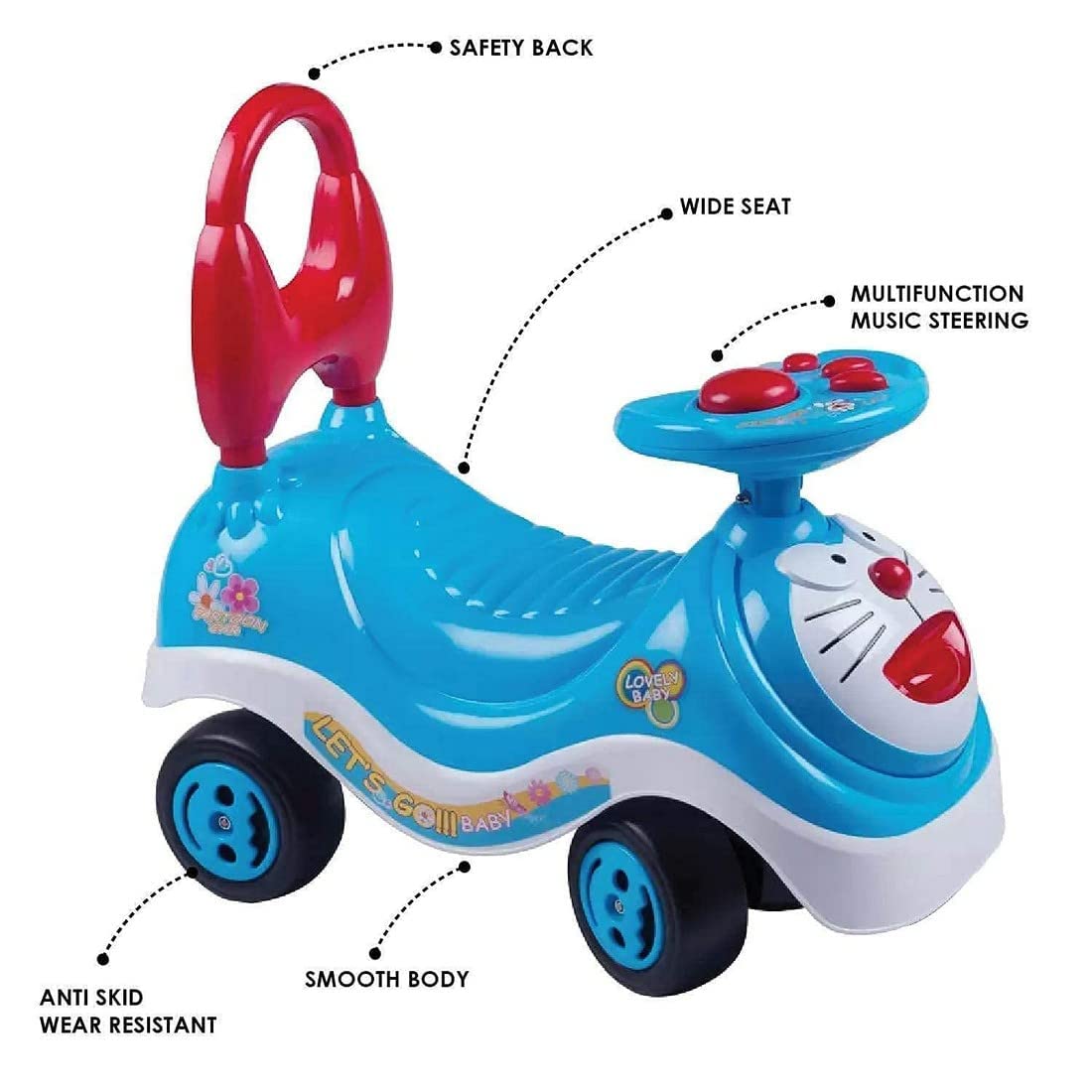 Back view of Doraemon push and pedal ride on car for kids