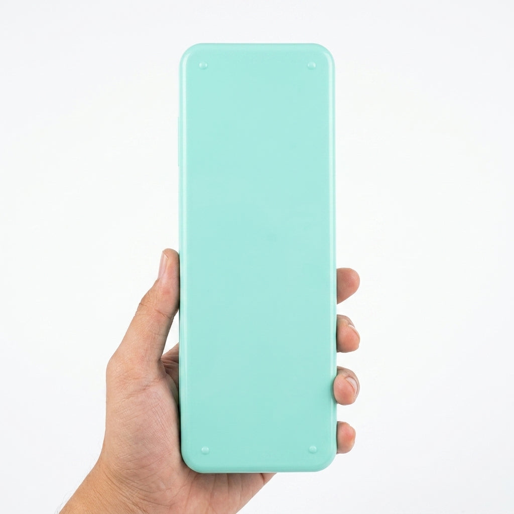 Mint green LCD drawing tablet back view held in hand