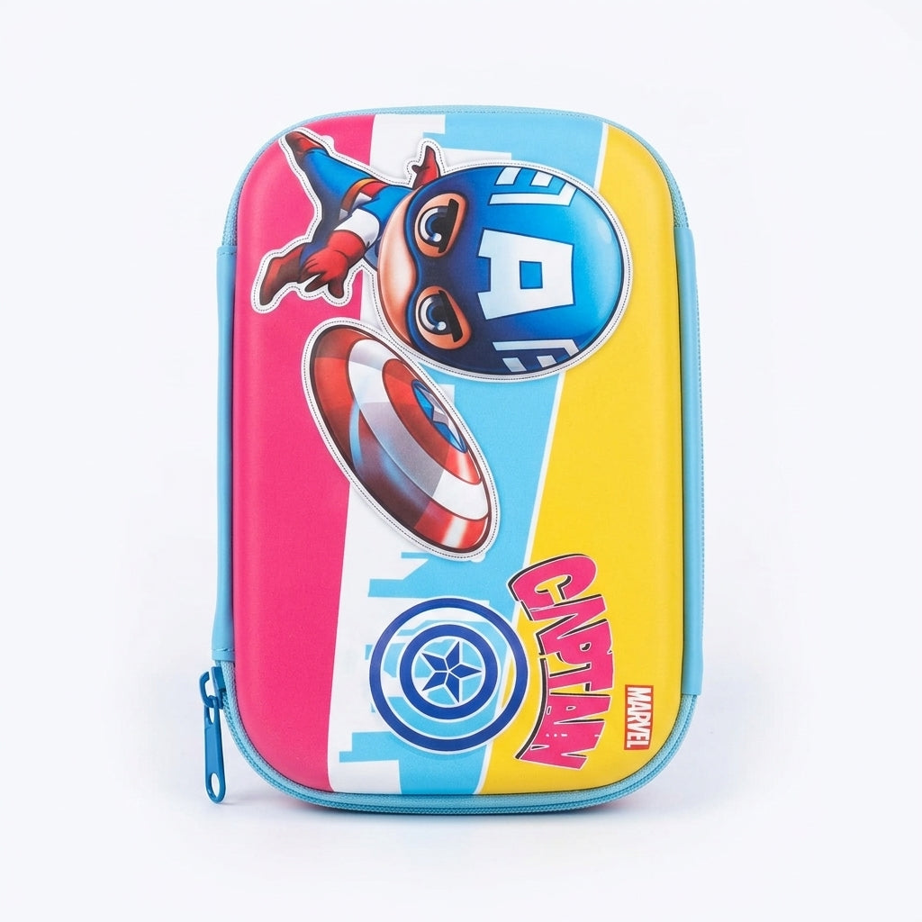 Captain America themed hard case pencil pouch front view with Marvel logo