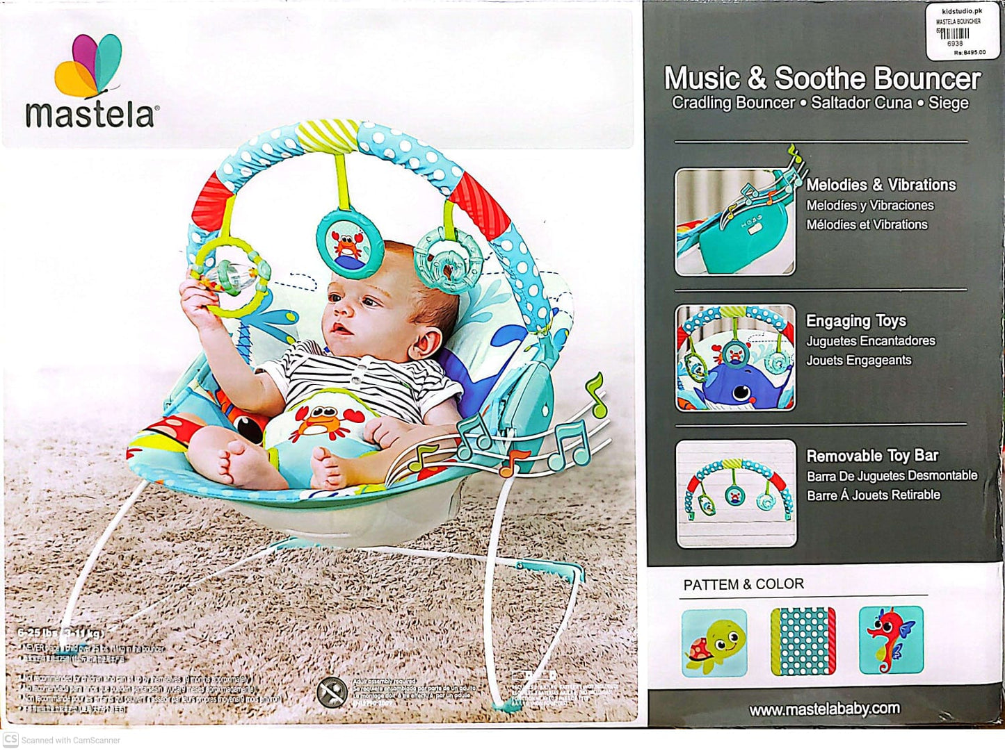 Mastela Musical Bouncer with Toy Bar Whale Print – Multicolour