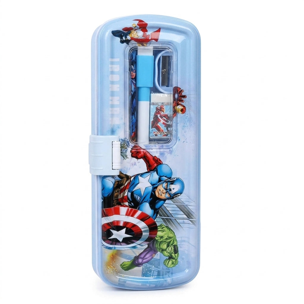 Avengers metal pencil box open showing alphabet and math print