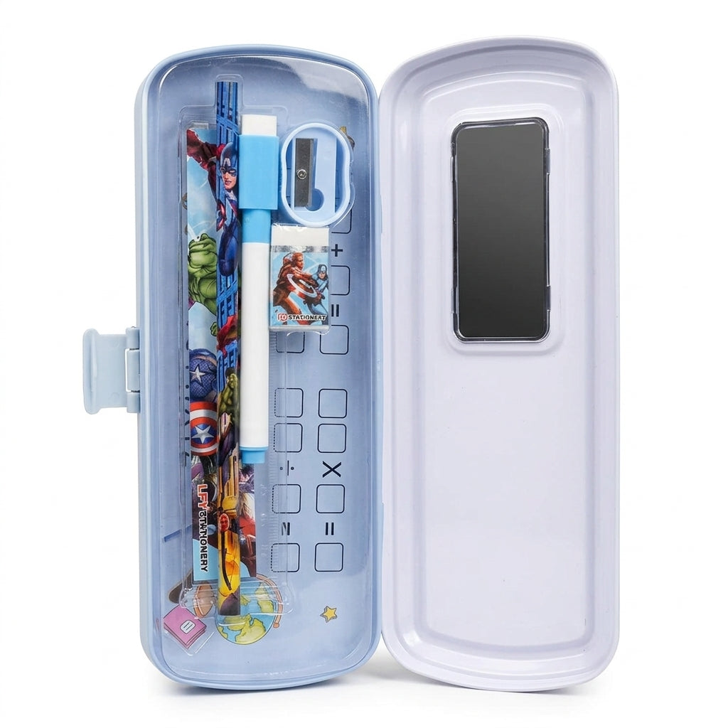 Avengers pencil box open showing educational rocket and alphabet design