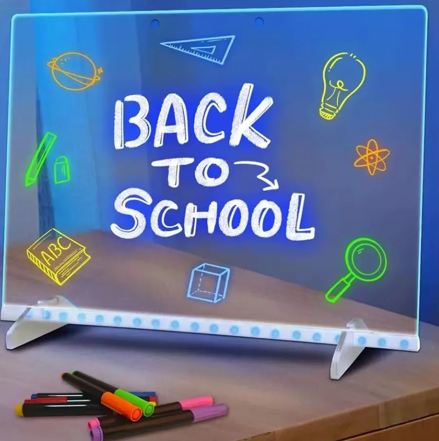 LED drawing board glowing with Back to School neon design