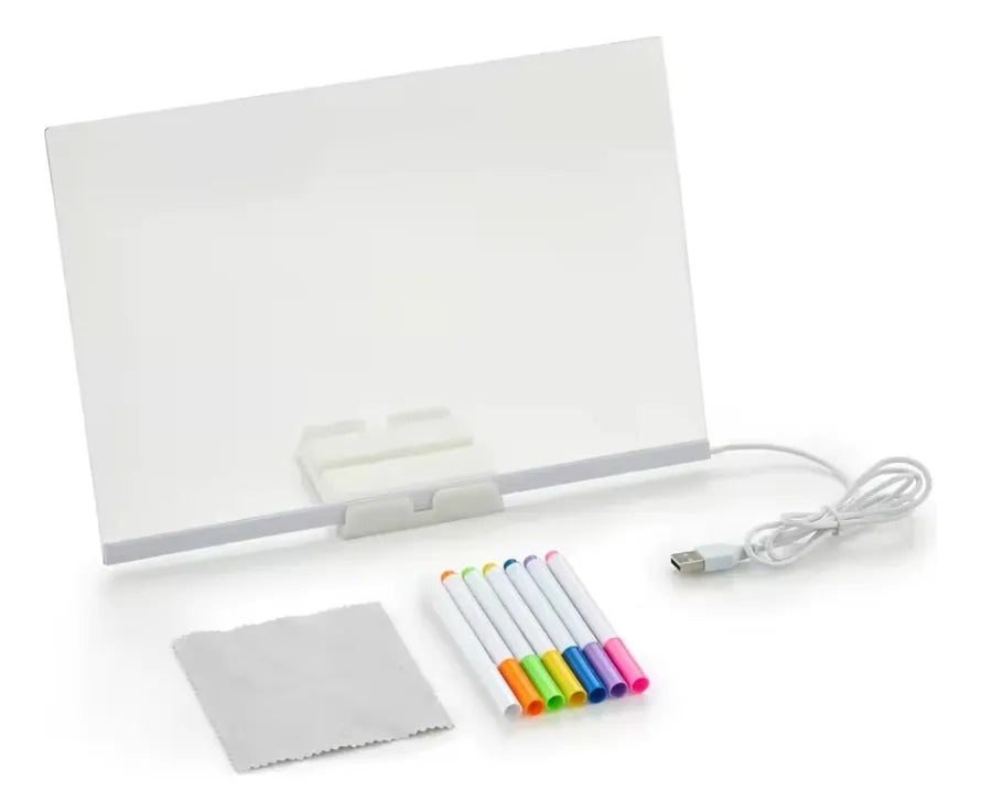 LED drawing board with USB cable and fluorescent markers - flat view