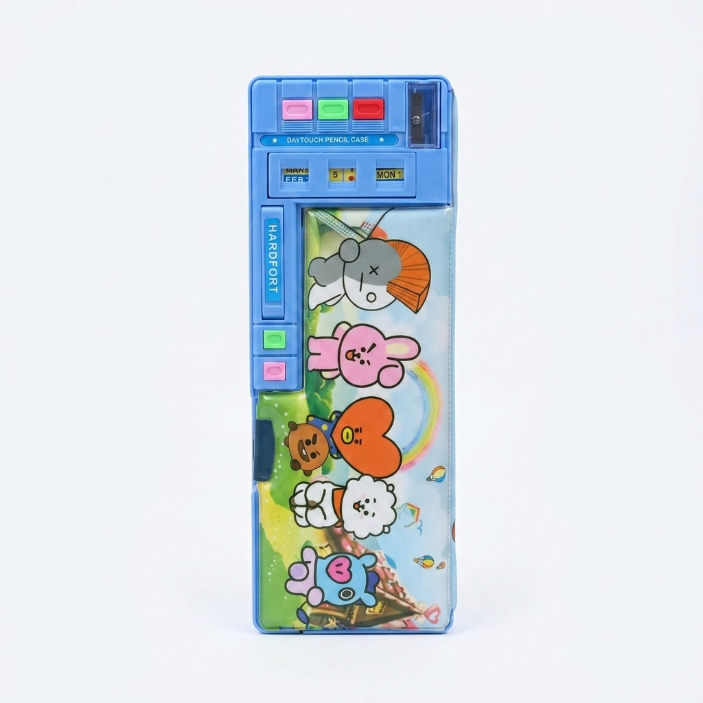 Multi function pencil box with calendar display and cute character print