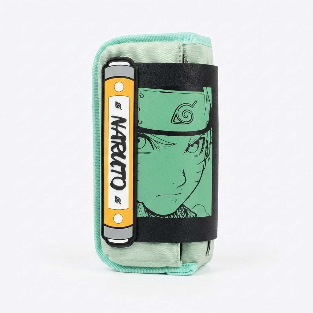 Naruto anime print wallet style pencil case with name patch - side view