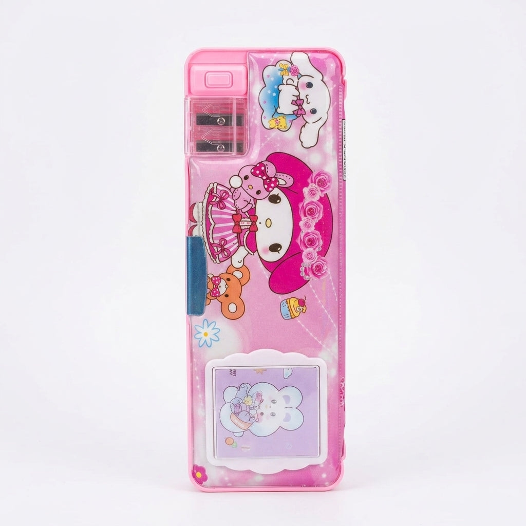 Pink bunny character pencil box with sharpener - front view