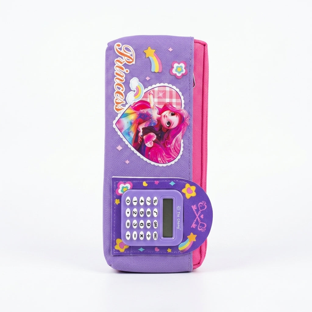 Princess pencil case with built-in calculator - front view