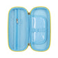Race car pencil case open showing blue interior with pen loops