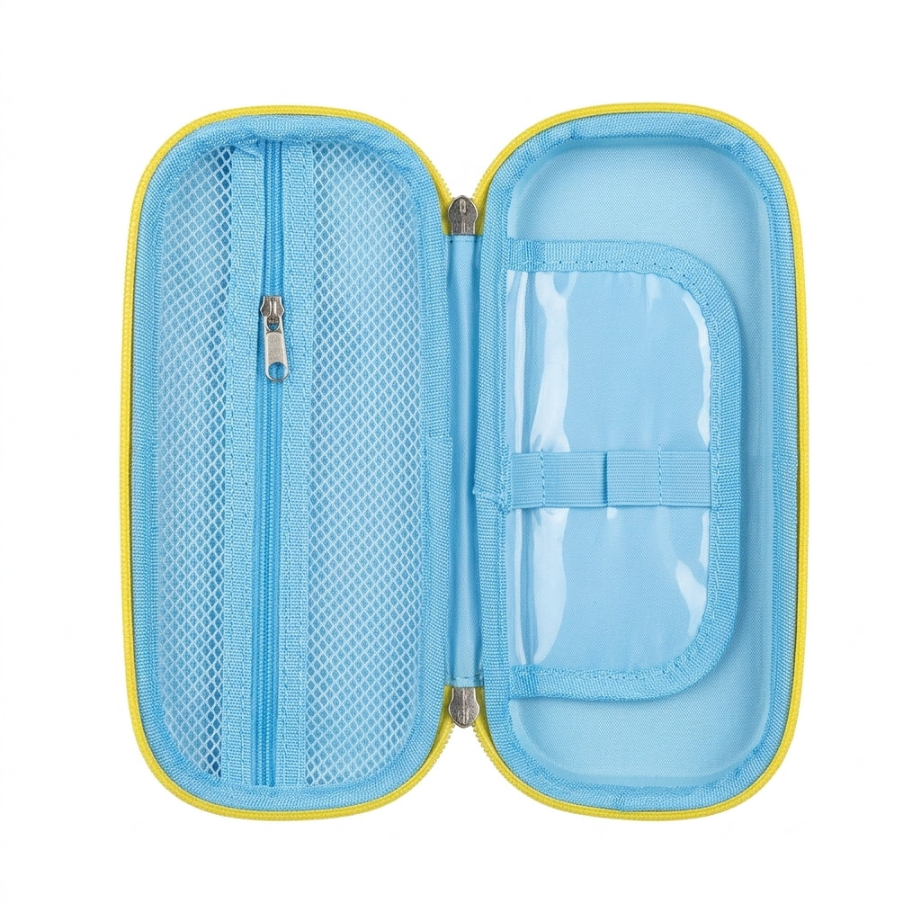 Race car pencil case open showing blue interior with pen loops