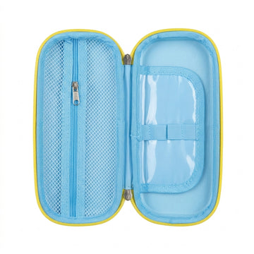 Race car pencil case open showing blue interior with pen loops