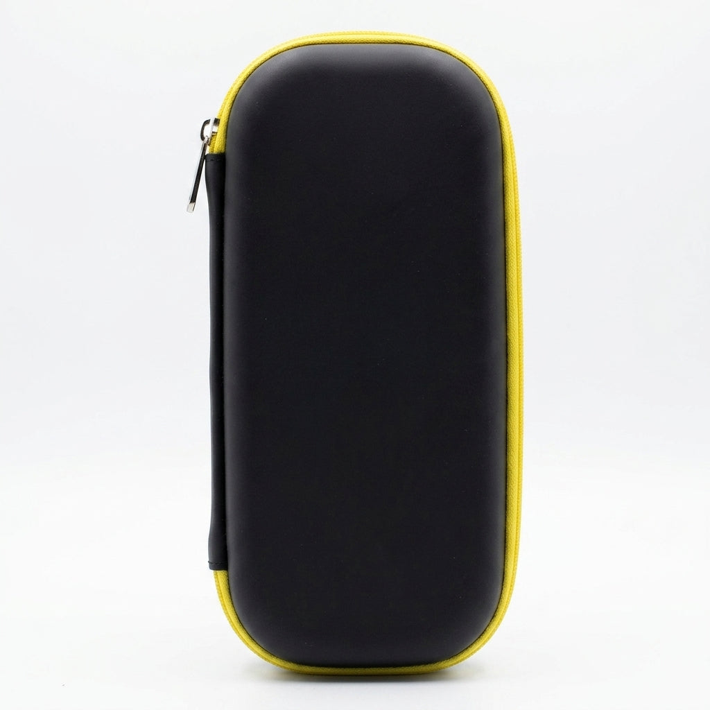 Race car hard shell pencil case side view in black with yellow trim