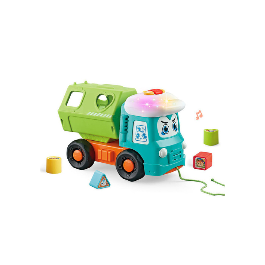 Shape sorting garbage truck toy with lights and music - full view