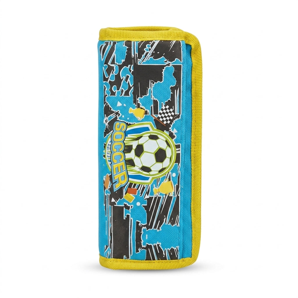Soccer print pencil case with soccer ball design - front view