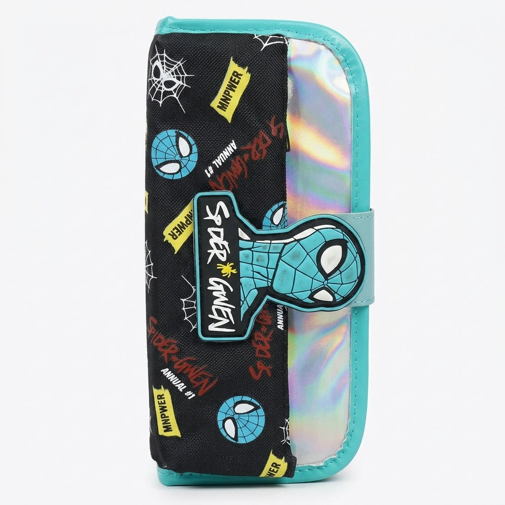 Spider-Gwen wallet style pencil case with holographic panel - side view