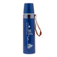 Blue stainless steel vacuum flask with cup lid and carrying strap