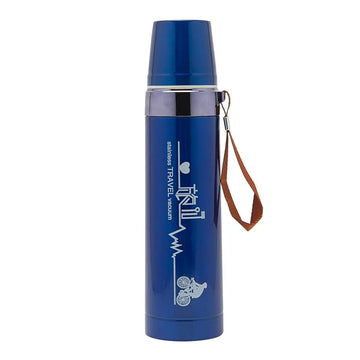 Blue stainless steel vacuum flask with cup lid and carrying strap