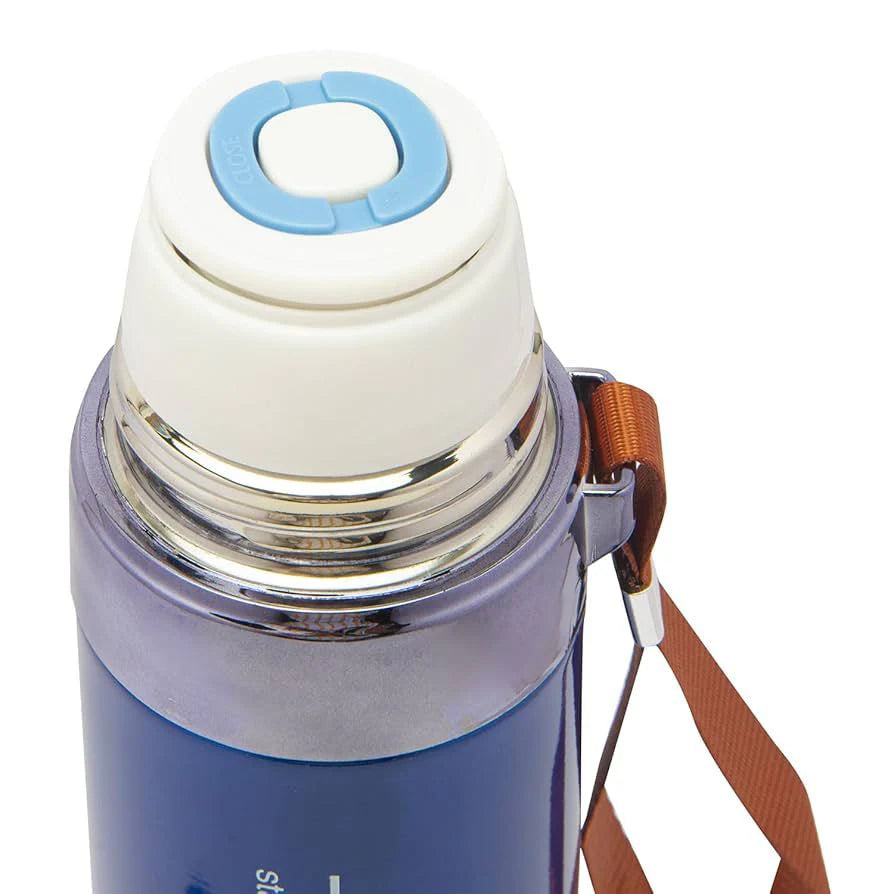 Vacuum flask top view showing white and blue cup lid design